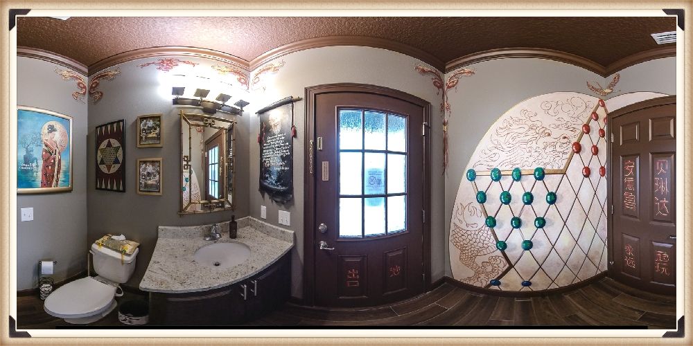 Asian-themed chinese checkers bathroom at Great Escape Parkside vacation retreat near Orlando