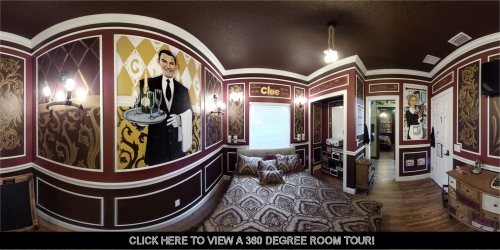 A CLUE board game themed escape room game bedroom at The Great Escape House in Clermont - Groveland, FL near Orlando