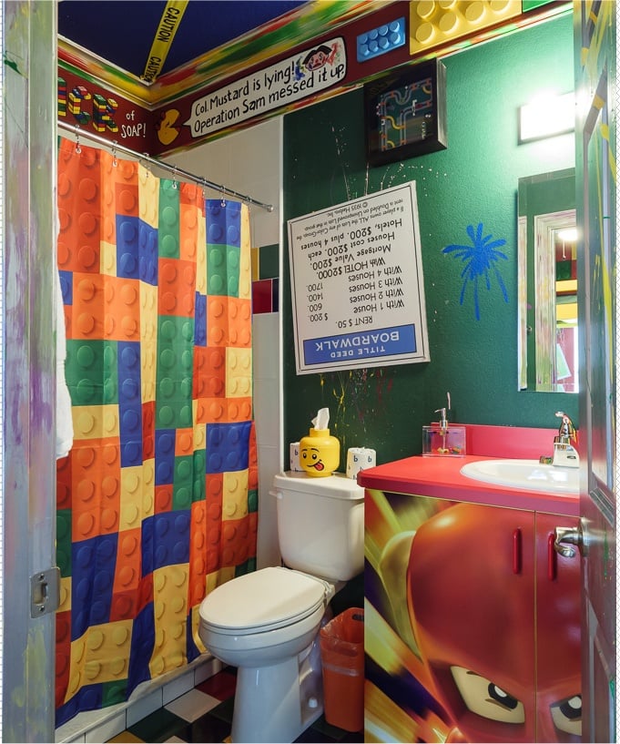 Lego shower curtains and more in this bathroom at Great Escape Parkside - the "game house" near Orlando