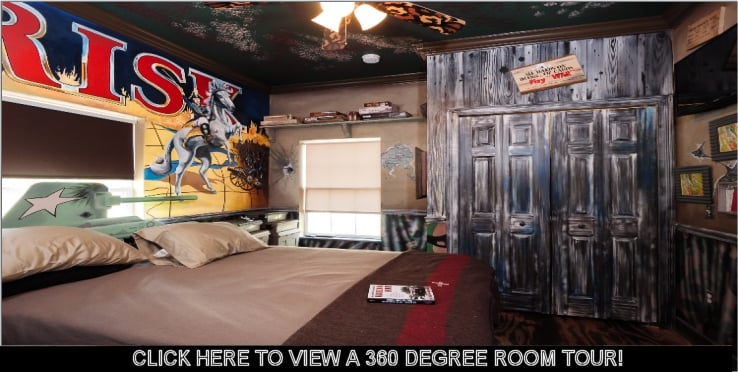 The RISK Bedroom doubles as part of an escape room challenge at this vacation rental